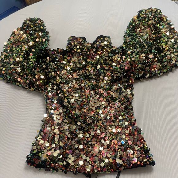 Akira Sequin Embellished Puff Sleeves Top Blouse Shirt Size Medium - Picture 3 of 5